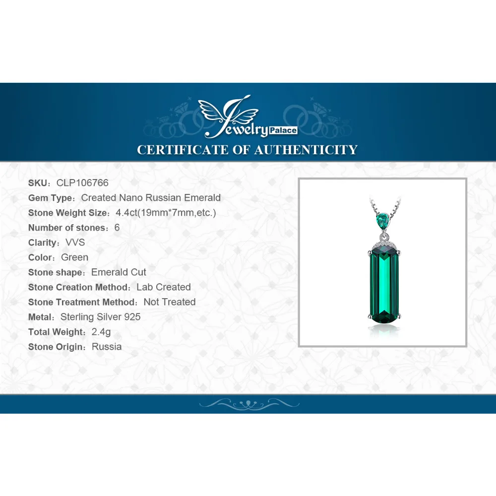 JewelryPalace Simulated Nano Green Emerald 925 Sterling Silver Gemstone Pendant Necklace for Women Jewelry No Chain