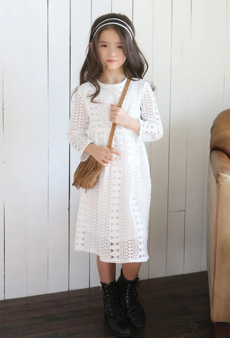 

Girls lace dress long sleeves 2017 new cotton hollow out princess dress Korean version of the big girl age from 5-16T