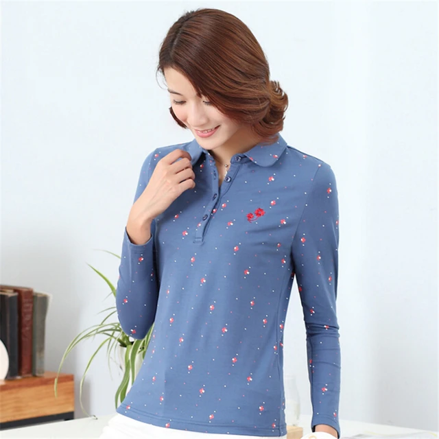 Fashion Autumn Casual Polo Women Long Sleeve Slim Polo Shirts Flower embroidery Print Tops Women For Lady Polo Shirt Femme