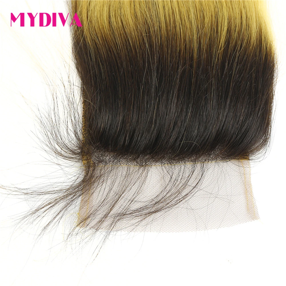 Бразильские прямые волосы пучки с закрытием омбре с темными корнями пучки с закрытием Омбре желтый не Реми человеческие волосы Mydiva