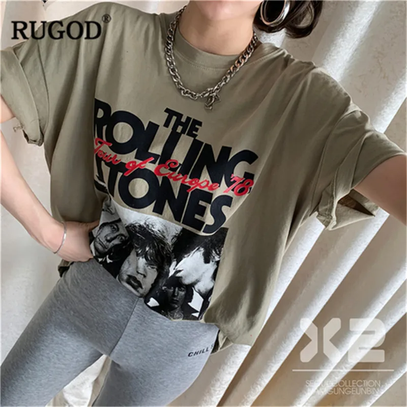 RUGOD Harajuku стиль модная женская футболка rolling stone Принт Свободные Короткие рукава белый Уличная modis летние женские топы