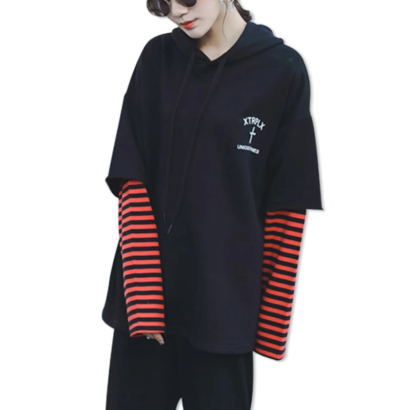 

Women's Loose Grey Hoodies Striped Long-sleeved Fake Two Thin Section Casual Sweatshirt Version Of The Autumn Winter