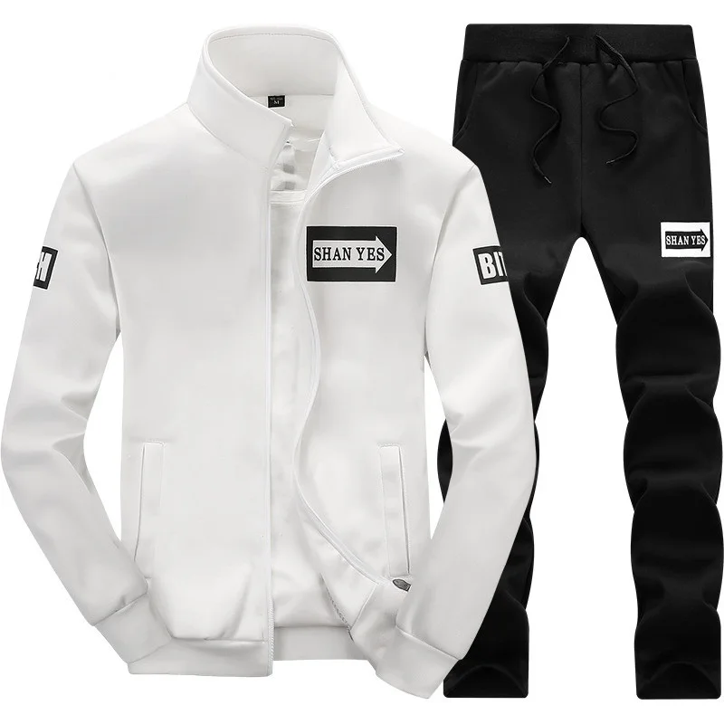 Мужской повседневный комплект, модный весенне-осенний мужской спортивный костюм, куртка+ штаны, комплект из 2 предметов, Мужская спортивная одежда, облегающий спортивный костюм - Цвет: D75 White