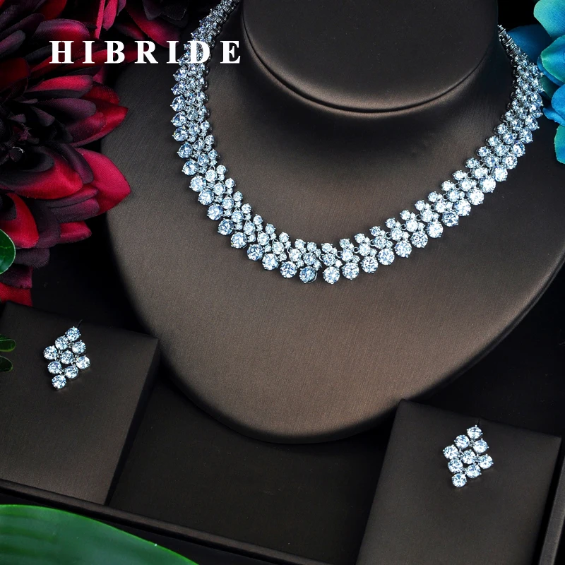 

HIBRIDE Round Rhinestone CZ Stone Women Jewelry Set White Gold Color Female Wedding Earring Necklace Sets N-186