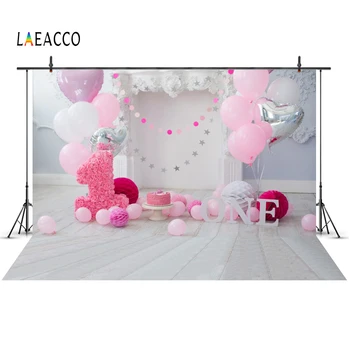 

Pink Backdrop Happy 1st Birthday Party Balloon Baby Fireplace Gray Floor Portrait Photocall Photography Background Photo Studio