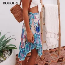BOHOFREE Gypsy Для женщин Высокая талия Boho Saia пляжные Falda Асимметричные юбки Для женщин Повседневное Цветочный принт мини-юбка короткие юбки