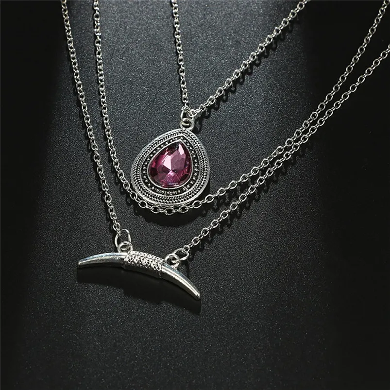 Fashion Trend Crescent Drop Gem Bohemian Style Multi-layer Necklace Choker Party Pendant Jewelry chain Necklace F13 (3)