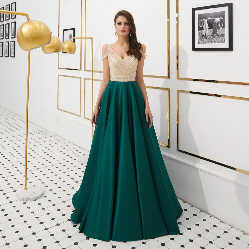 Evening Dresses Long Formal Wear 2019 Women Prom Gowns Beading Crystal Champagne Green Satin A Line V Neck Backless Party Luxury Evening Dresses Long Formal Wear 2019 Women Prom Gowns Beading Crystal Champagne Green Satin A Line V Neck Backless Party Luxury