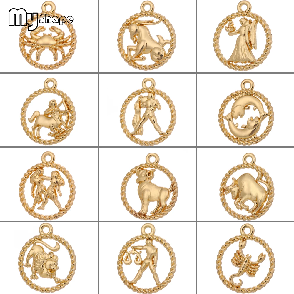 

my shape 12 Constellation Charms Astrology Gold Round Pendant Gemini Leo Scorpio Virgo Libra Cancer Taurus DIY Jewelry 10pcs