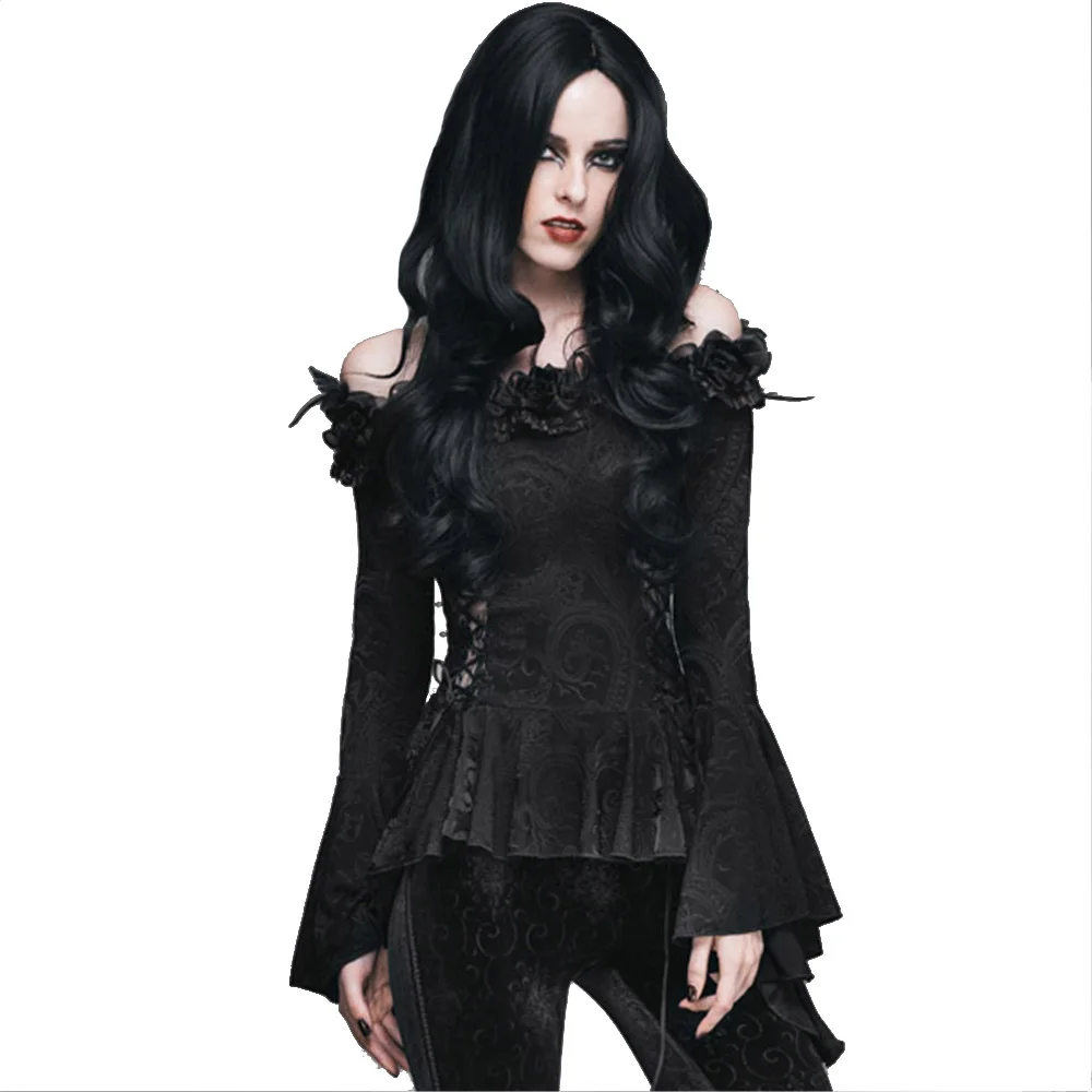 En Ligne Gothique Femmes Dentelle Chemisier Victorien Flare Manches Steampunk Floral Mince Chemises Chemise Décontractée Haut