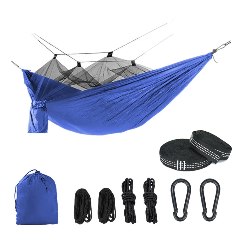 Single Person Portable Outdoor Camping Hammock With Mosquito Net 8pc accessories Adult Sleeping Bed Picnic Hanging Bed Hammock - Цвет: blue