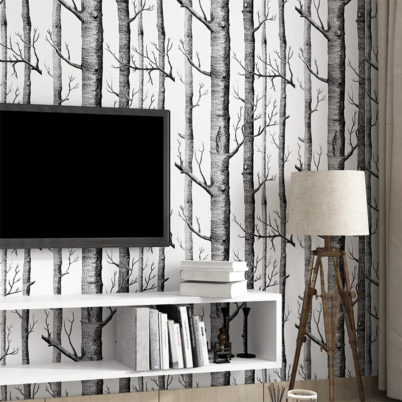 Birch Tree Pattern Non-woven Woods Wallpaper Roll Modern Designer  Wallcovering Simple Black And White Wallpaper For Living Room - Wallpapers  - AliExpress