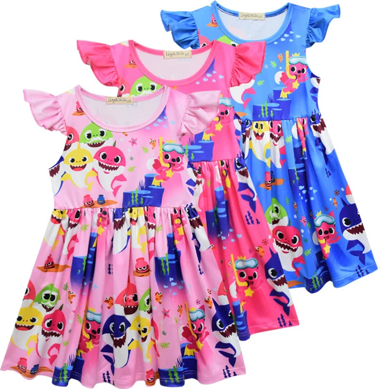 

Kids Summer Clothing Little Girl Cartoon Shark Print Dress Sleeveless Cute Princess Dress