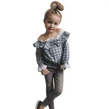 

Autumn New Fashion Toddler Kids Baby Girl Outfits Clothes Plaid Lace Off Shoulder Shirt+Jeans Pants Set roupa infantil Z4