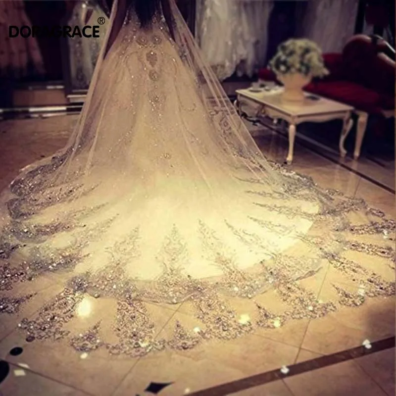 Doragrace 3.5 Metres 1T Ivory White Wedding Veils with Crystal Sequins