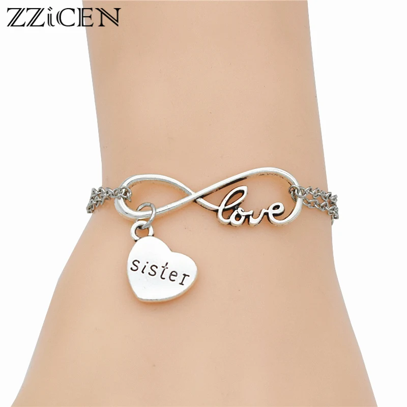 

Fashion Women's Antique Silver Heart Mom Daughter Sister Pendant Infinity Love Charm Metal Chain Bracelets Family Gifts Jewelry