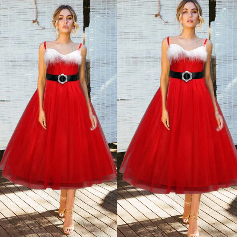 

Sexy Women's Christmas Xmas Costume Fashion High Waist Sexy Dress Mesh Patchwork Pleated Sleep Wear Dress