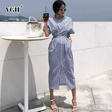 VGH, летнее женское уличное платье с коротким рукавом и круглым вырезом, Полосатое прямое Бандажное платье с бантом, женская модная одежда, новинка