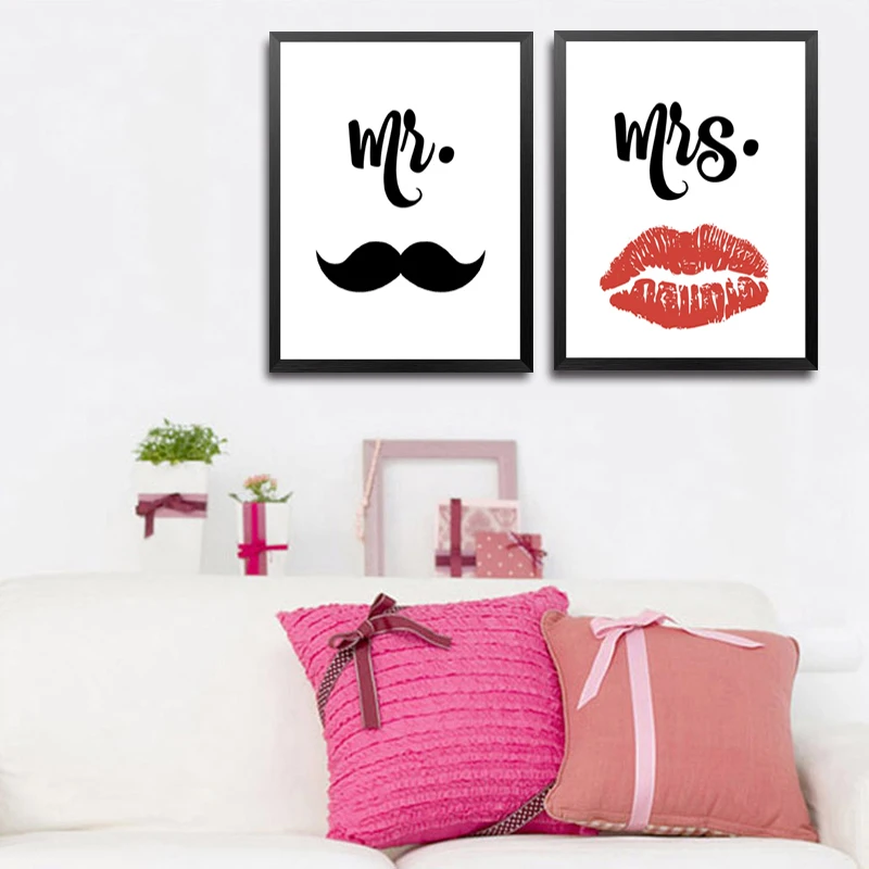 

Mr Mrs Quote Canvas Art Print Poster, Wall Picture for Home Decoration, Beard Red Lips Art Wall Print