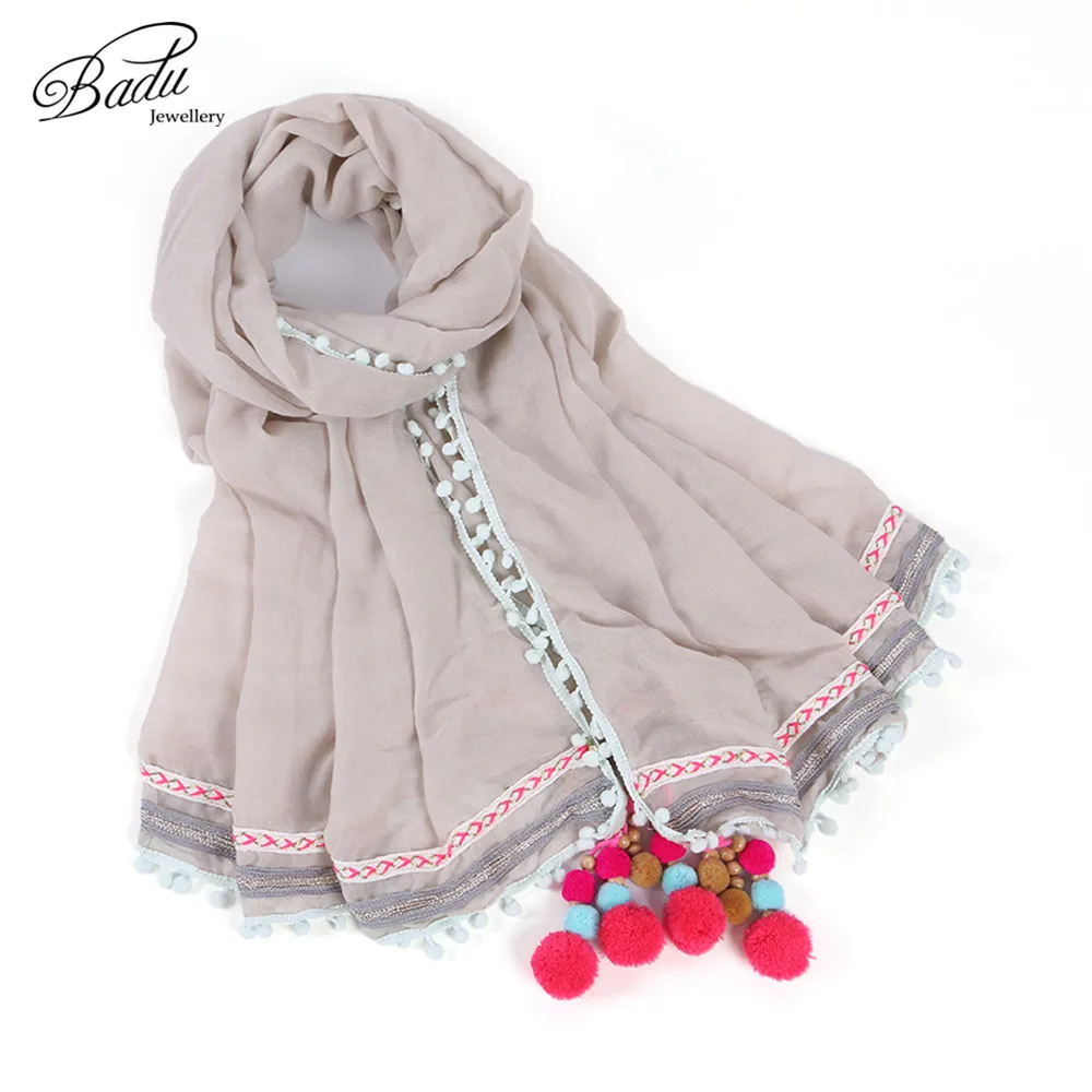 

Badu Bohemian Solid Shawl Scarf for Women Autumn Winter Soft Cotton Blends Scarves Pompom Tassel Female Wholesale
