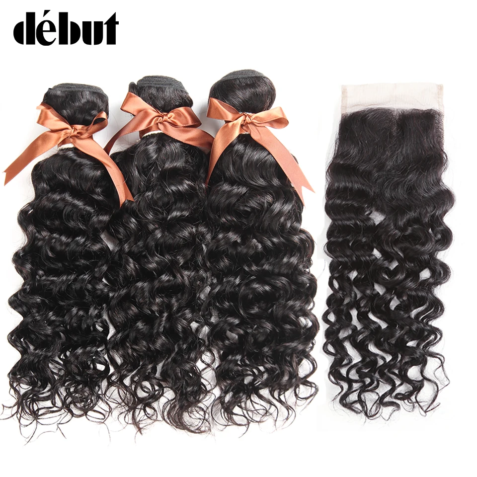 Debut Brazilian Hair Weave Bundles With Closure Non Remy Human Hair Water Wave 3 Bundles With Lace Closure Free Shipping