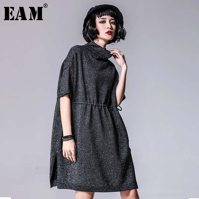 

[EAM] 2019 New Spring Autumn Turtleneck Half Sleeve Drawstring Side Split Panelled Loose Big Size Dress Women Fashion Tide JY919