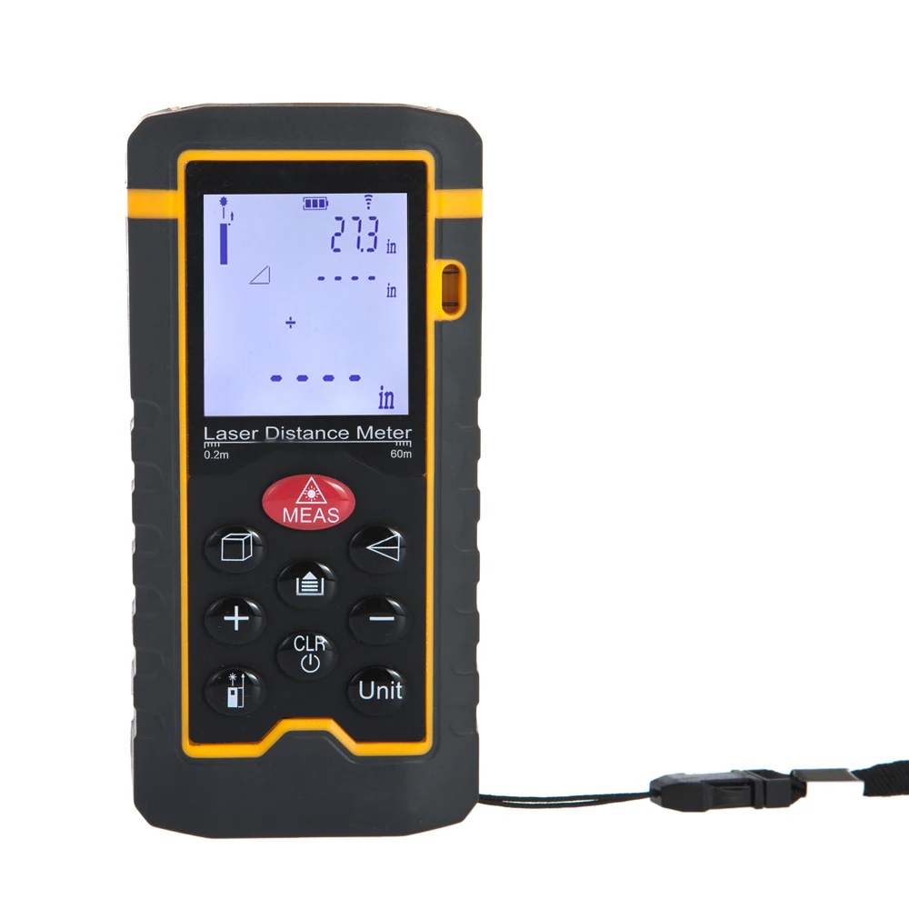 

Handheld 60m/196ft Digital Laser Distance Meter Range Finder Measure Distance Area Volume Self-calibration Level Bubble