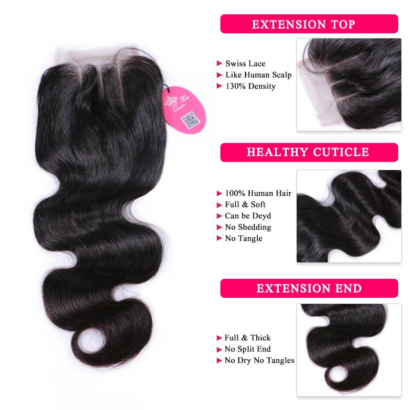 Queen Hair Prodotti 4x4 Veletta Nella Chiusura Brasiliani Dellonda Del Corpo Del Virgin Dei Capelli di Colore Naturale 1B 100% dei capelli UMANI in Tre Parti di Trasporto trasporto libero