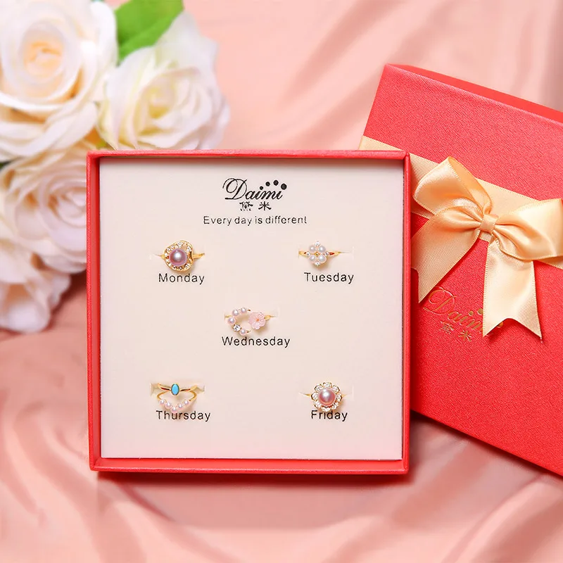 

DAIMI Pearl Ring Jewelry Zircon 925 Silver Ring Sets turquoise Cherry Blossom Jewelry Package