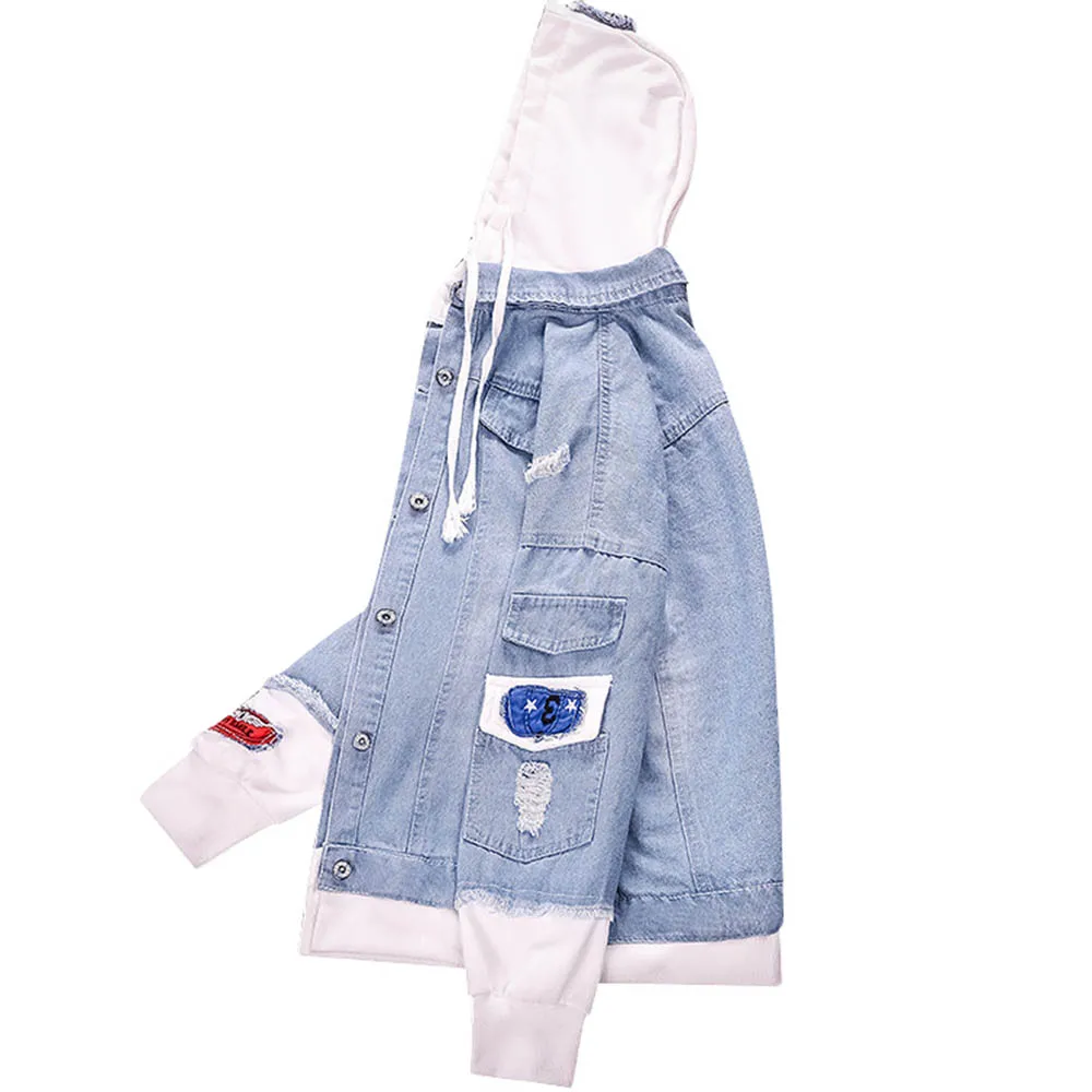 2019 New Fashion Men Denim Jackets Streetwear Retro Jean Hooded Jacket Men Male Forean Style Print Windbreaker JK18047 2019 New Fashion Men Denim Jackets Streetwear Retro Jean Hooded Jacket Men Male Forean Style Print Windbreaker JK18047