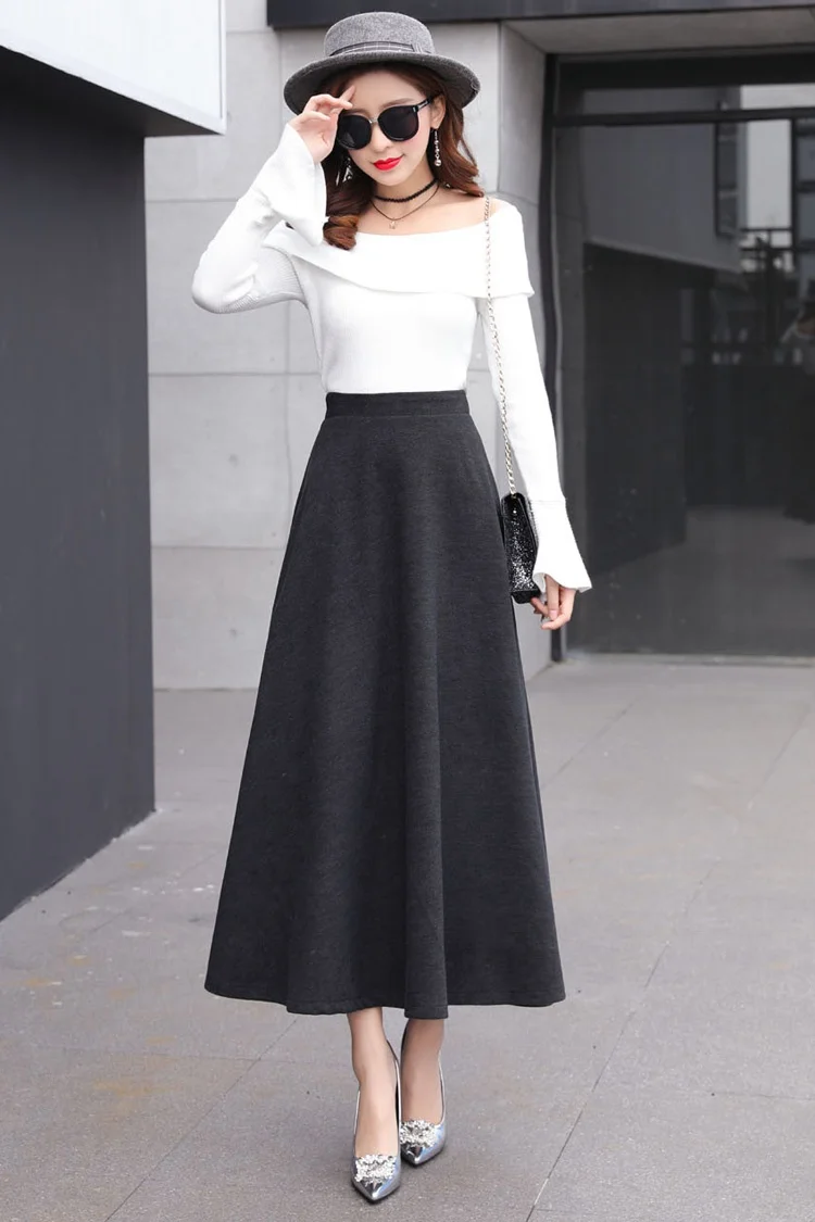 Женская элегантная шерстяная юбка трапециевидной формы для осени и зимы, Женская длинная теплая шерстяная юбка с высокой талией