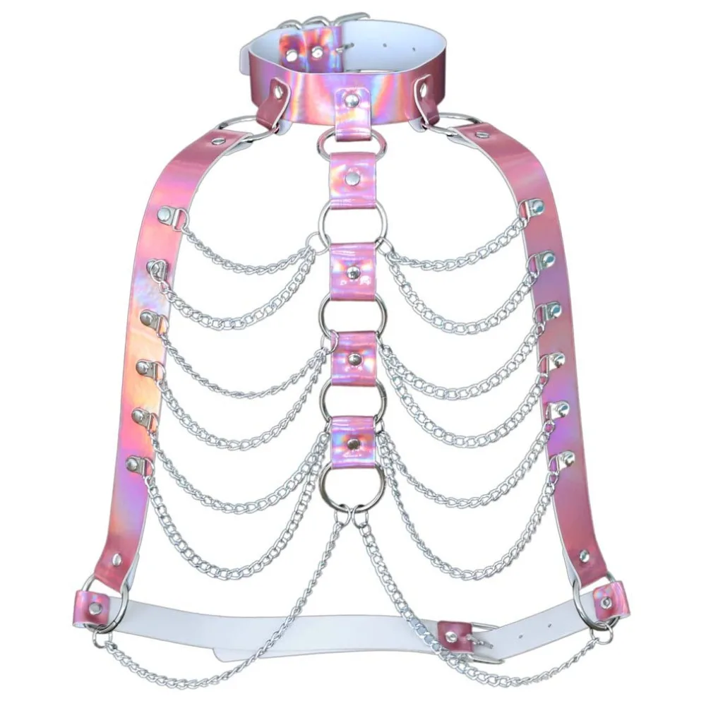 Best Holographic chain harness body chain bra top punk women holo rainbow pvc body jewelry Bondage Waist summer festival rave outfit