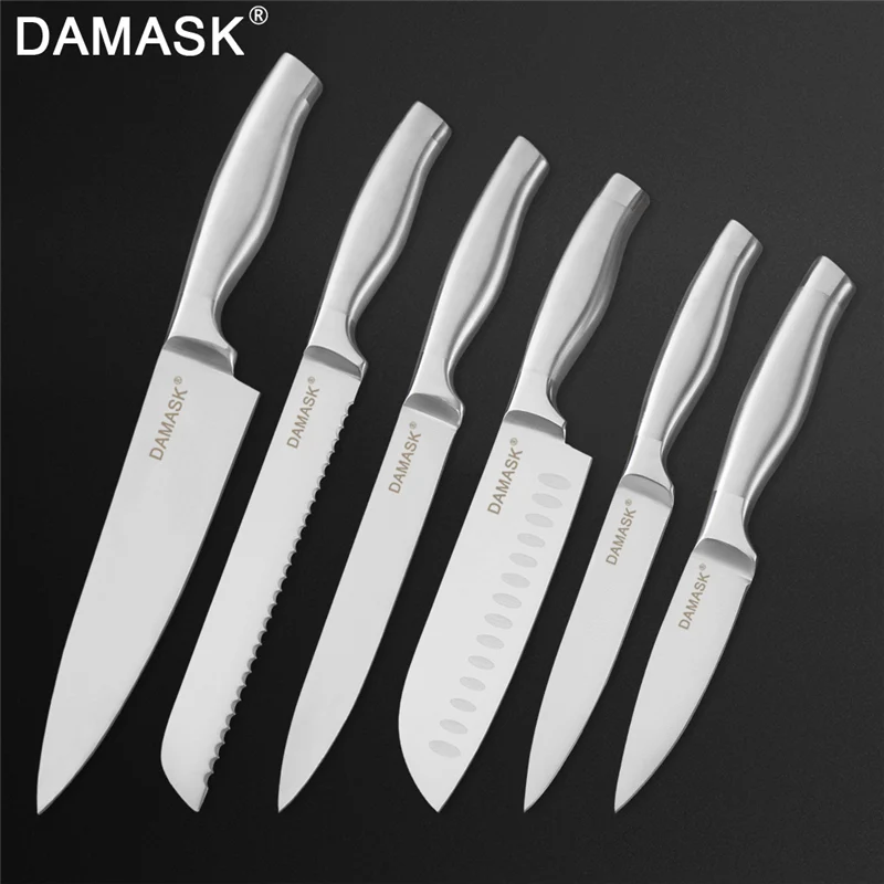 Дамасский японский набор ножей из нержавеющей стали, фруктовый нож Santoku для нарезки хлеба, нож шеф-повара, функциональные кухонные инструменты, 6 шт - Цвет: 6 PCS