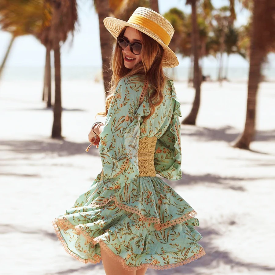 

Vintage Green floral print mini dress V-neck long sleeve lace ruffles elastic waist women dresses beach party wear vestidos