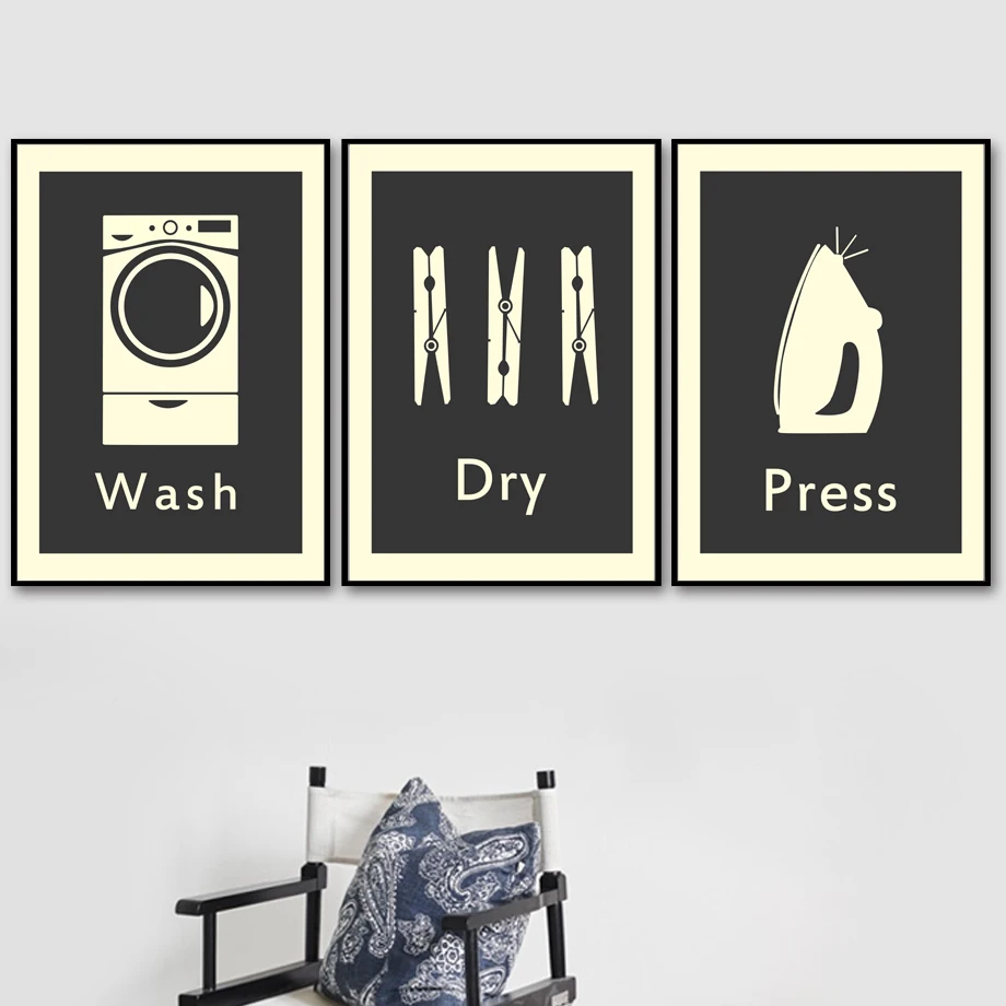 

Black and White Minimalist Laundry Canvas Painting Wash Dry Press Retro Posters And Prints Wall Art Pictures For Bathroom Decor
