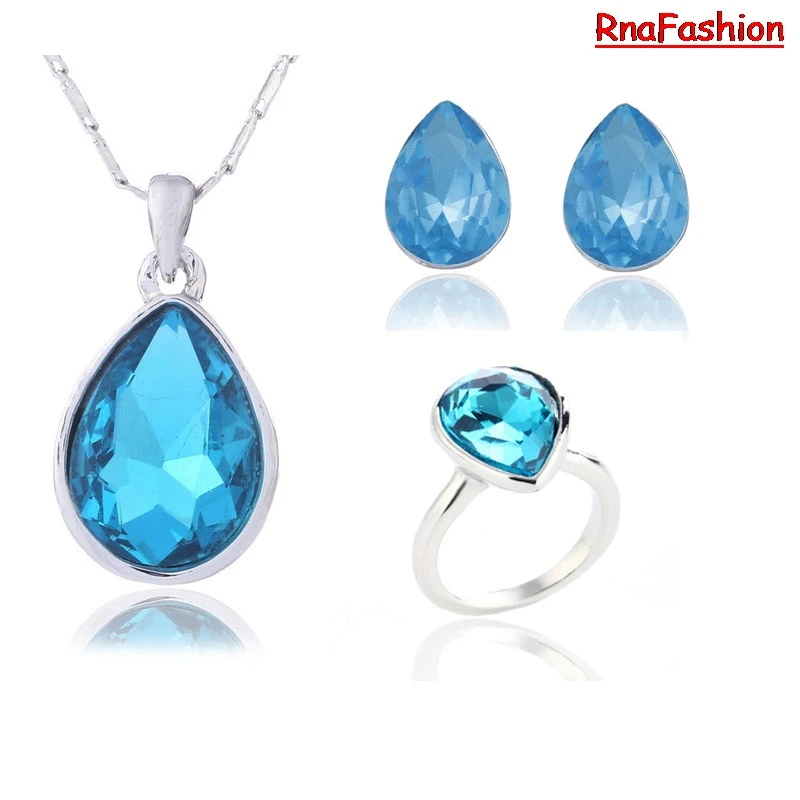 

New 2014 Fashion Austria Crystal Jewelry Sets Water Drop Pendants Necklaces Stud Earrings And Ring Silver Plated For Women