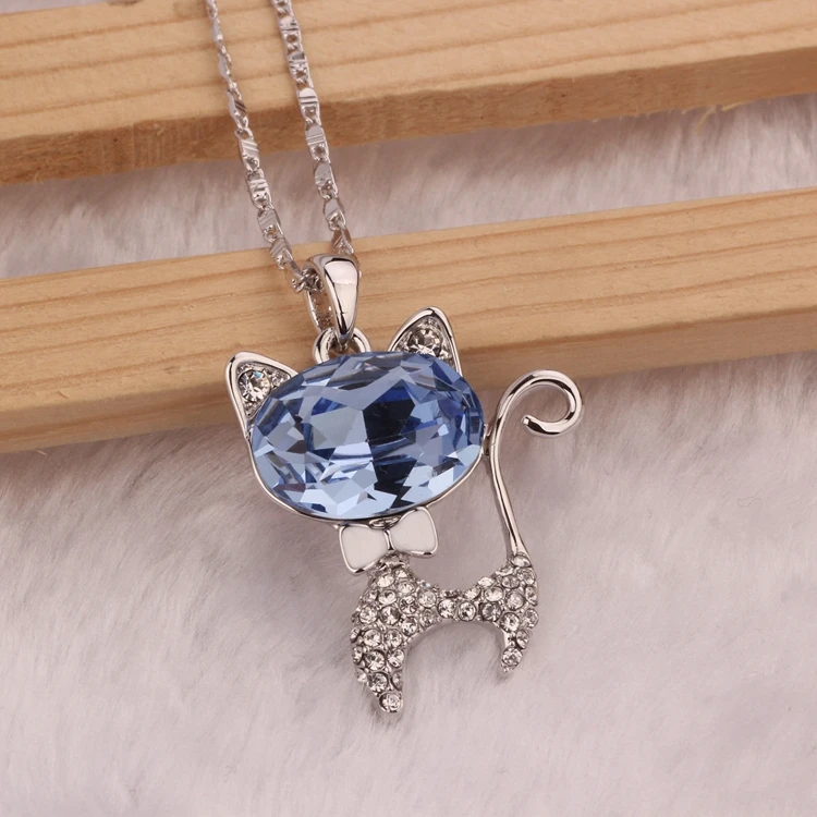 2 colors 925 Sterling silver famous brand blue lovely cat crystal pendant blue simple party necklace