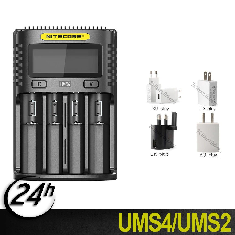 Goede Hot NITECORE UMS4 UMS2 SC4 QC Batterij Oplader Intelligente Circuits Global Verzekering li ion AA AAA 18650 26650 16340 Batterij