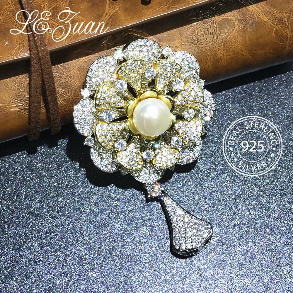 L&zuan Luxury Flower Brooches for Woman 925 Sterling Silver Natural Pearl Brooch Pin Rotatable