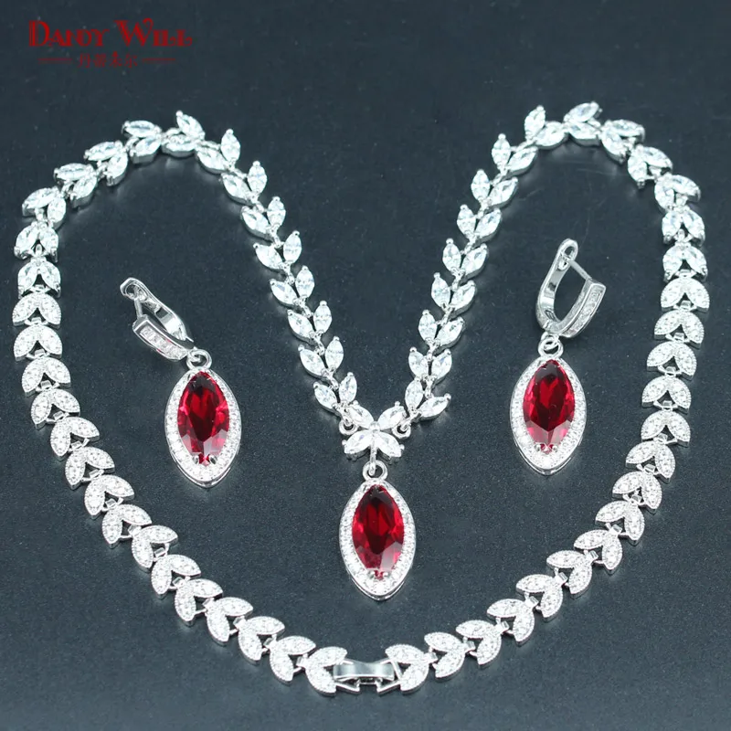 

Brilliant Silver Color Jewelry Necklace Earrings For Women Red Crystal White Zircon Bridal Jewelry Sets For Wedding
