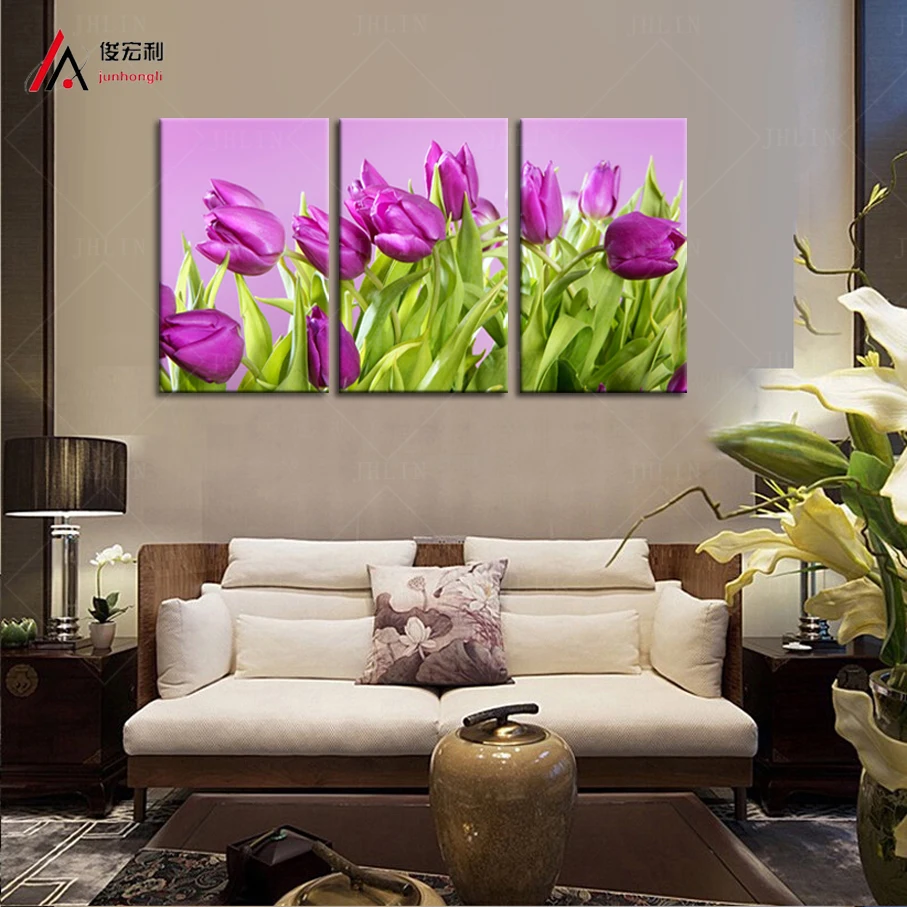 5 Panel Canvas Print Home Decor Purple Tulip Paintings Print for