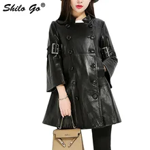 SHILO GO кожаный Тренч Женская Осенняя мода Овчина натуральная длинное кожаное пальто двубортный металлический рукав свободное ТРАПЕЦИЕВИДНОЕ пальто