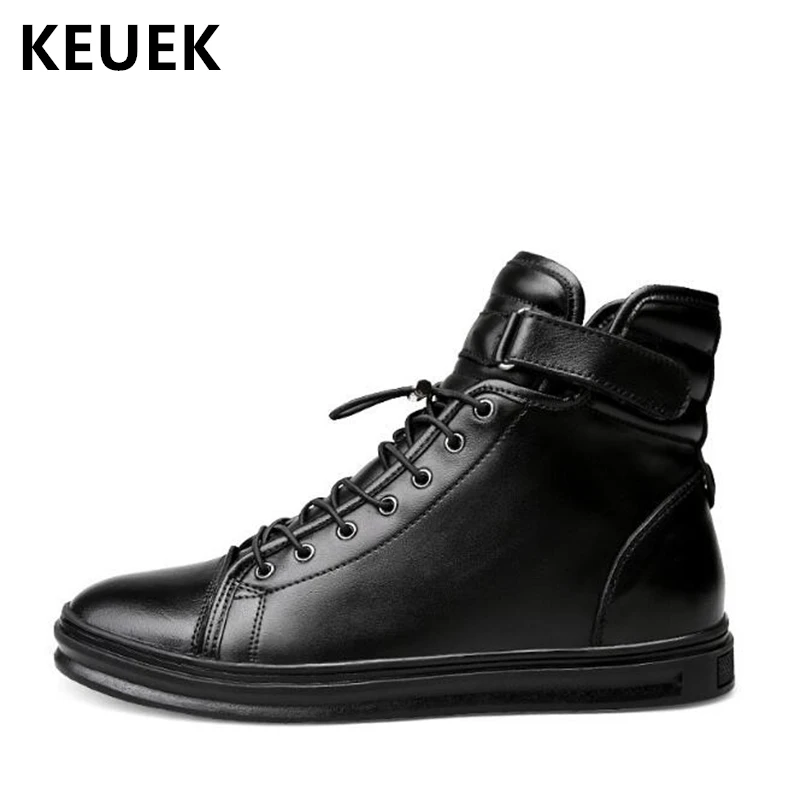 

Autumn Winter Men Casual shoes Lace-Up Flats Breathable Genuine leather High-top shoe Fashion Male Sneakers Black shoes 02A