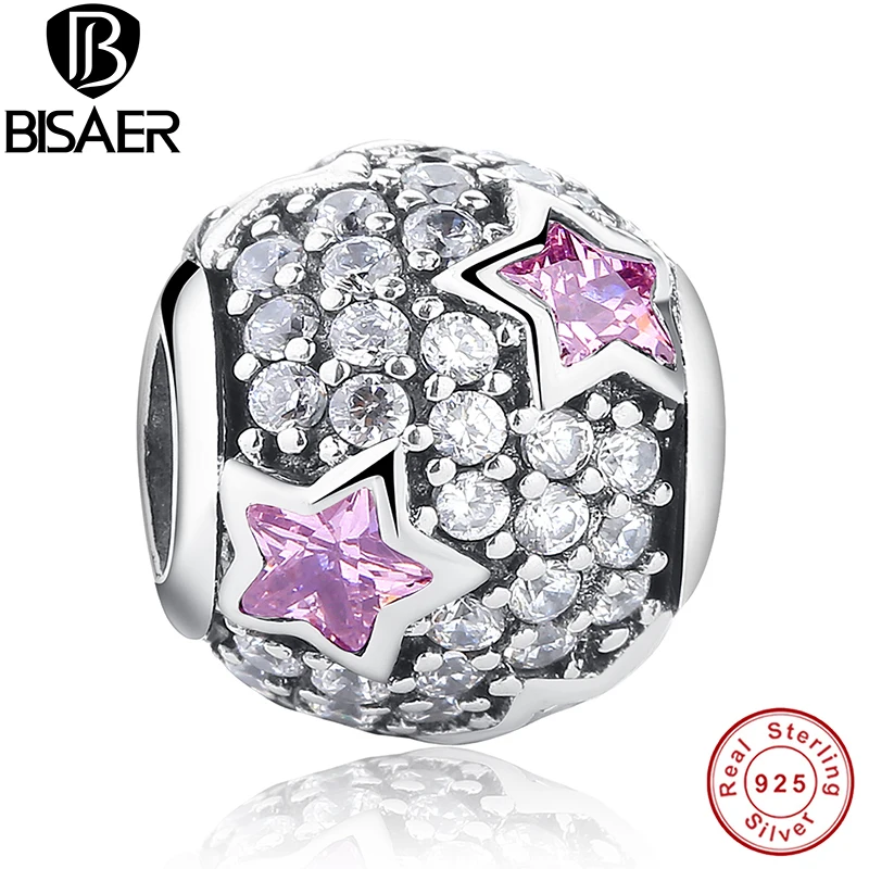 

Follow The Stars, Pink & Clear CZ Christmas Gift Charm Fit Pan Original Charm Bracelet 925 Sterling Silver Beads HJS139
