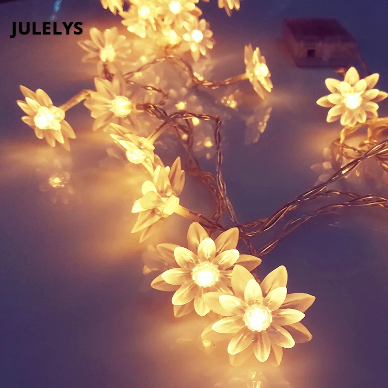 JULELYS 10M 80 Bulbs Lotus Fairy Lights LED Garland Battery Powered LED Light Gerlyanda Christmas Room String Lights Decoration