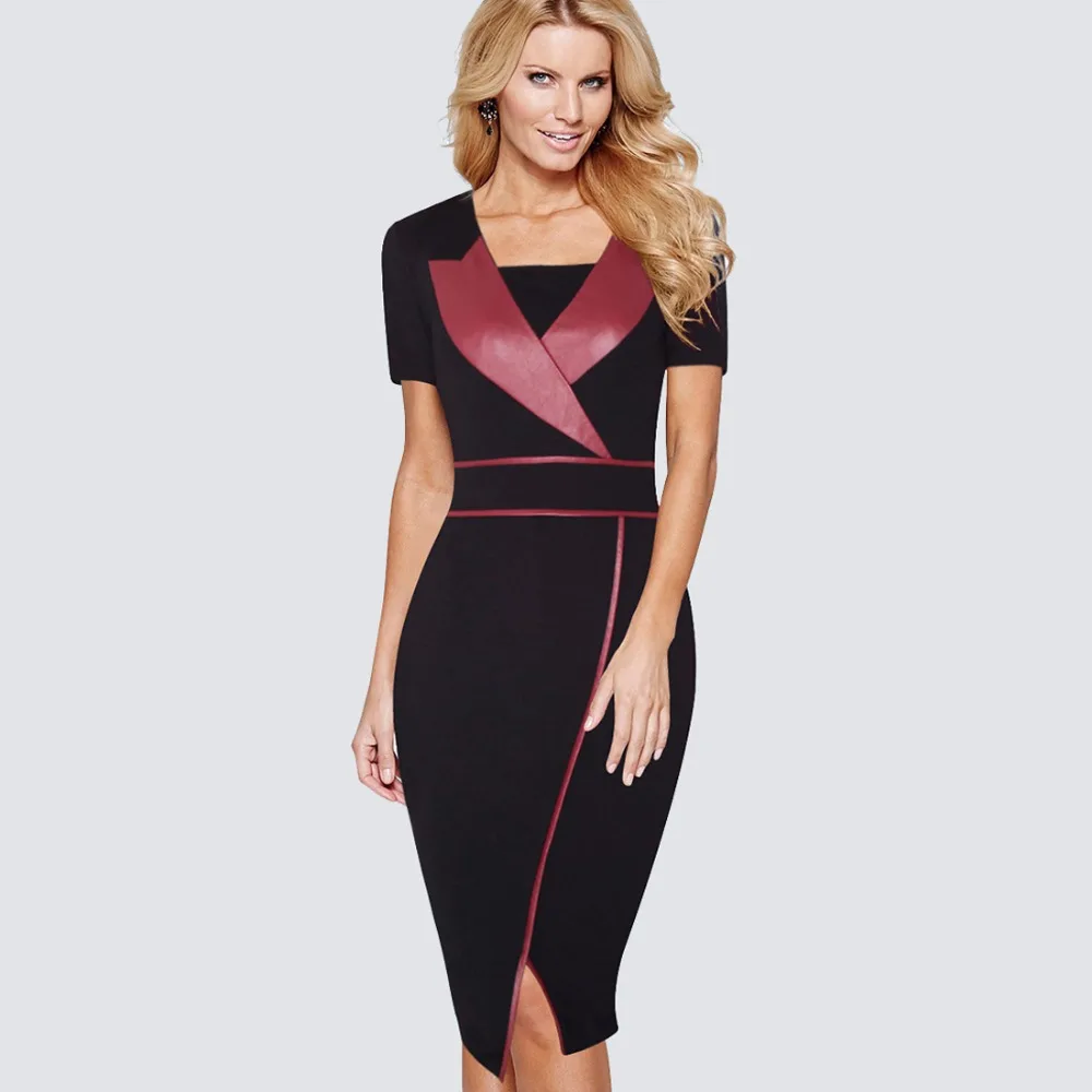 

Professional Women Wear To Work Office Business Bodycon Dress Casual Ladies Short Sleeve Patchwork Split Summer Dress HB366