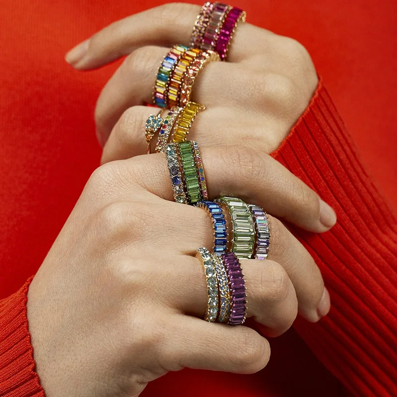 

FASHIONSNOOPS Rainbow Rings for Girls Women Rhinestone Wedding Bridal Colorful Rings Gold Filled 925 Sterling Silver CZ Bijoux