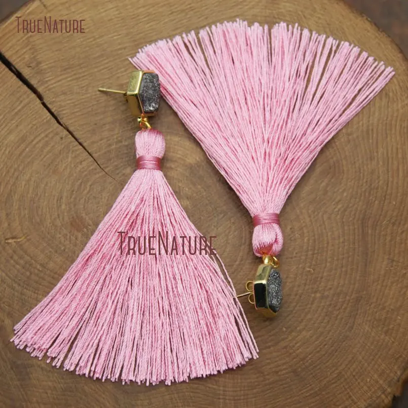 20171219-ER9225- Hexagon Druzzy Pure Gold Color Plastal Pink Silk Tassel  Studs Earrings_1
