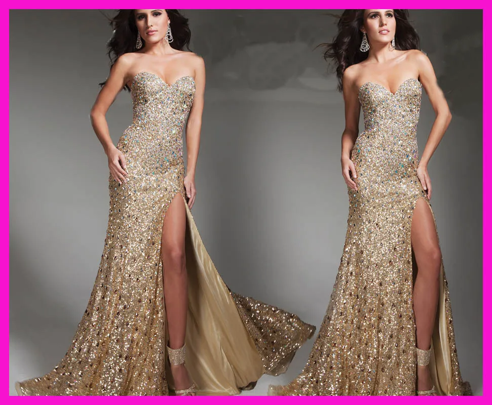

Gold Sparkly Long Column Side Slit Women Prom Evening Dress Beads And Sequins E3202