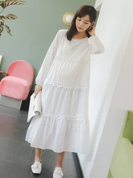 

Elegant A-Line Maternity Clothes Pregnancy Spring Long Sleeve 100% Cotton Pregnant Dress Blue Nursing Clothes For Pregnant Women
